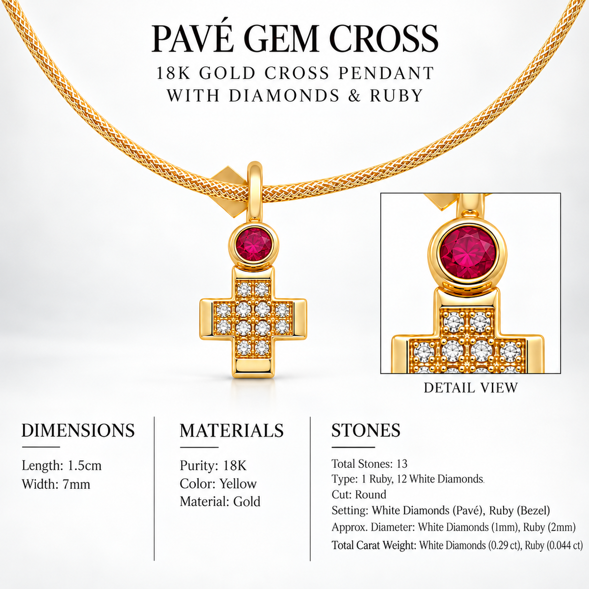 Pavé Gem Cross - 18K Gold Cross Pendant with Diamonds & Ruby by Bed of Stones Jewelry, close-up of white diamond pavé and ruby bezel setting with product dimensions and stone details diagram