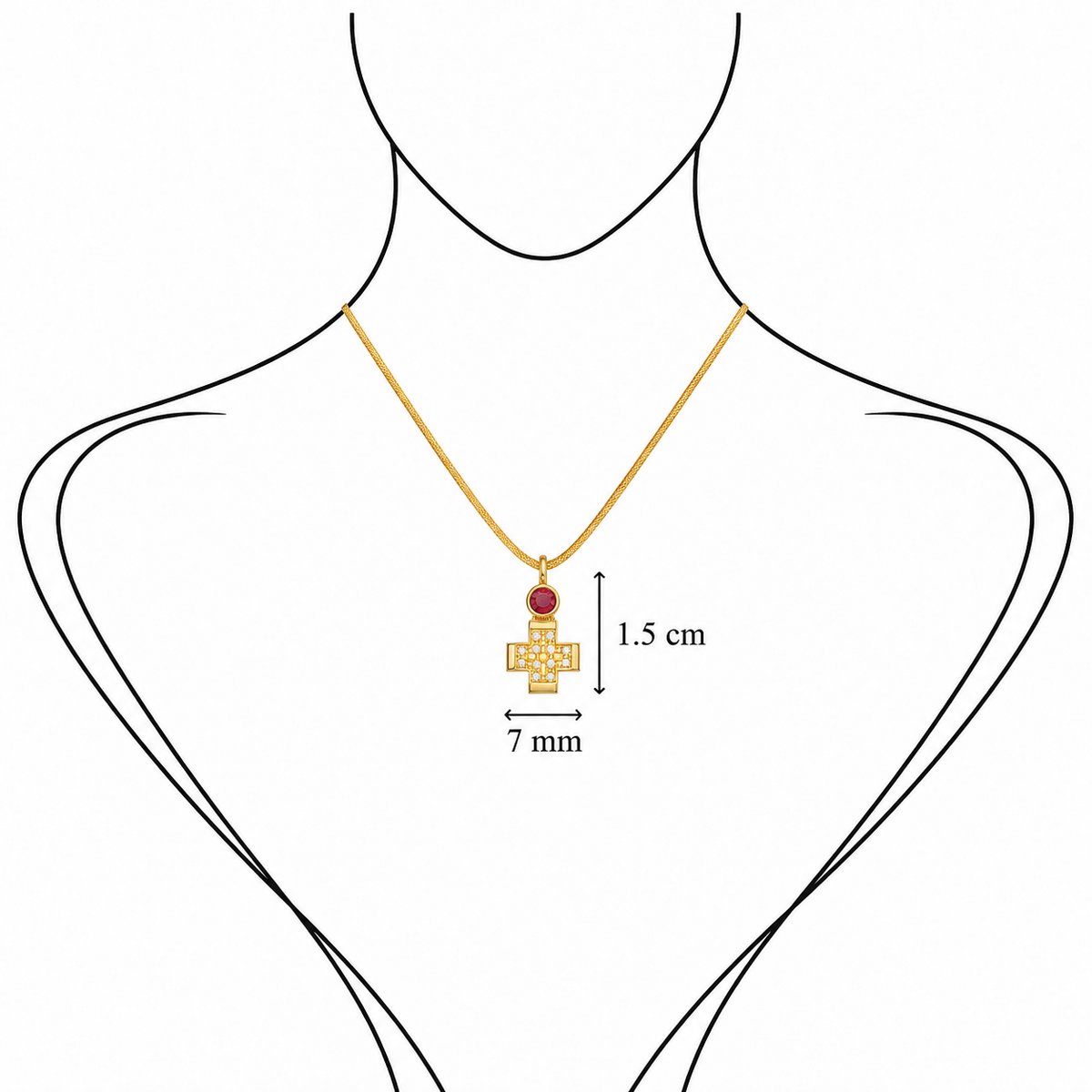 Pavé Gem Cross - 18K Gold Cross Pendant with Diamonds & Ruby by Bed of Stones Jewelry, illustration showing pendant placement