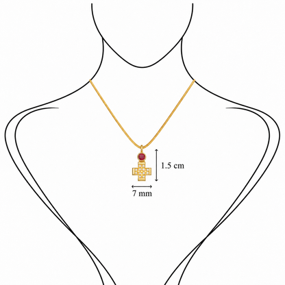 Pavé Gem Cross - 18K Gold Cross Pendant with Diamonds & Ruby by Bed of Stones Jewelry, illustration showing pendant placement