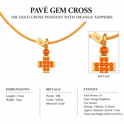 Pavé Gem Cross - 18K Gold Cross Pendant with Orange Sapphire by Bed of Stones Jewelry, close-up of orange sapphire bezel and pavé setting with product dimensions and stone details diagram