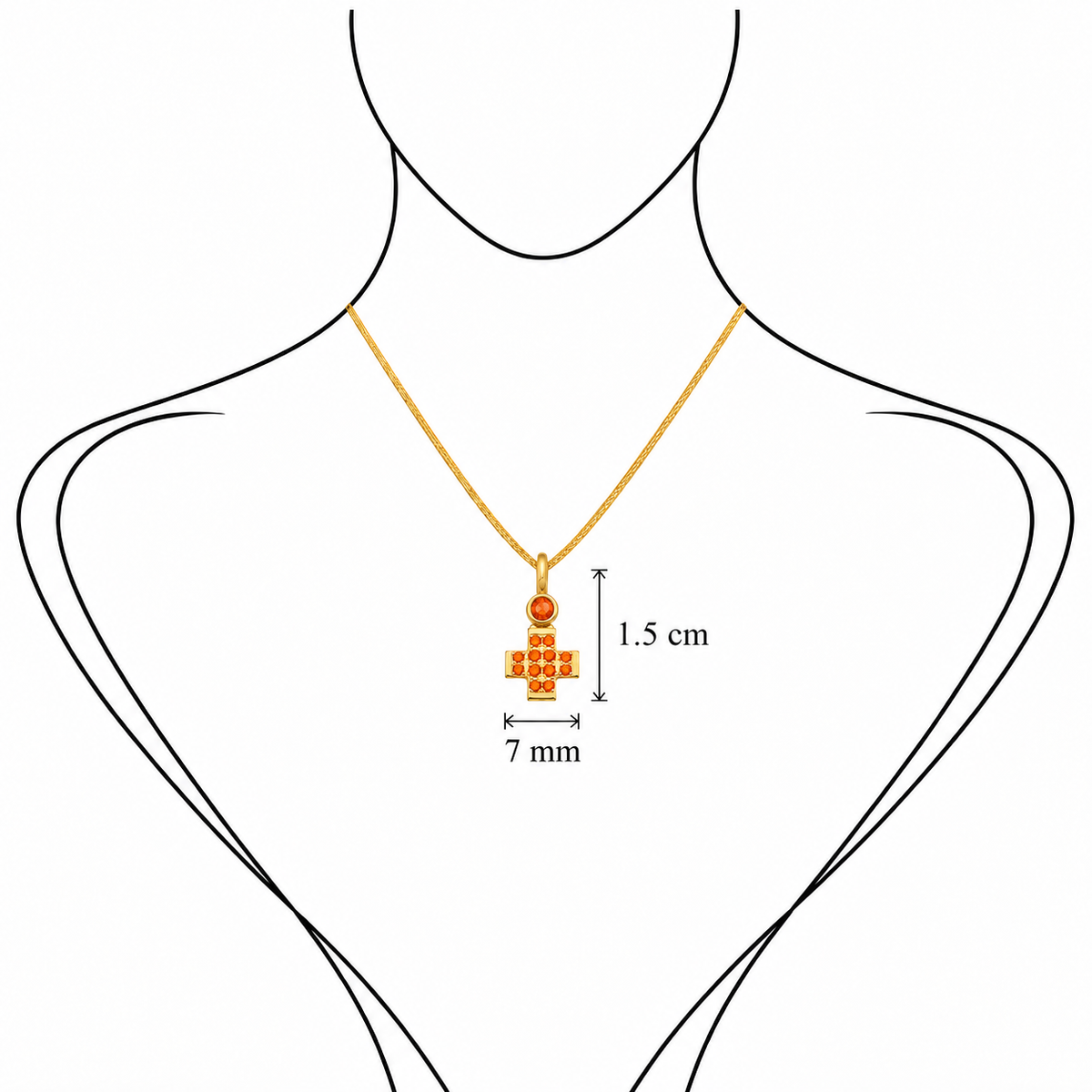 Pavé Gem Cross - 18K Gold Cross Pendant with Orange Sapphire by Bed of Stones Jewelry, illustration showing pendant placement