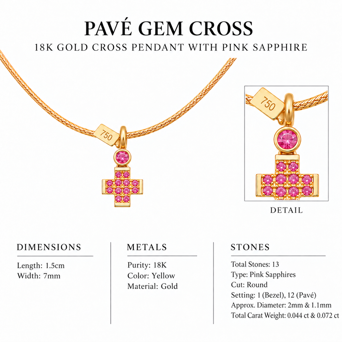 Pavé Gem Cross - 18K Gold Cross Pendant with Pink Sapphire by Bed of Stones Jewelry, close-up of pink sapphire bezel and pavé setting with product dimensions and stone details diagram