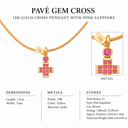 Pavé Gem Cross - 18K Gold Cross Pendant with Pink Sapphire by Bed of Stones Jewelry, close-up of pink sapphire bezel and pavé setting with product dimensions and stone details diagram