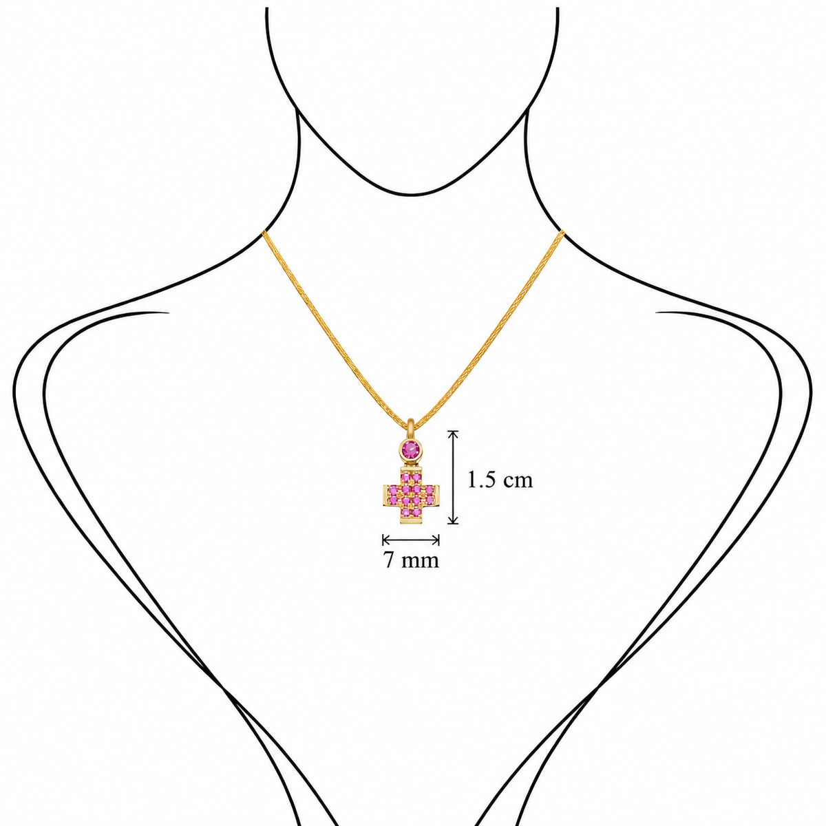 Pavé Gem Cross - 18K Gold Cross Pendant with Pink Sapphire by Bed of Stones Jewelry, illustration showing pendant placement