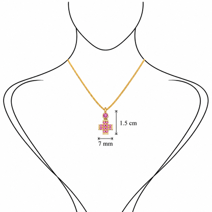 Pavé Gem Cross - 18K Gold Cross Pendant with Pink Sapphire by Bed of Stones Jewelry, illustration showing pendant placement