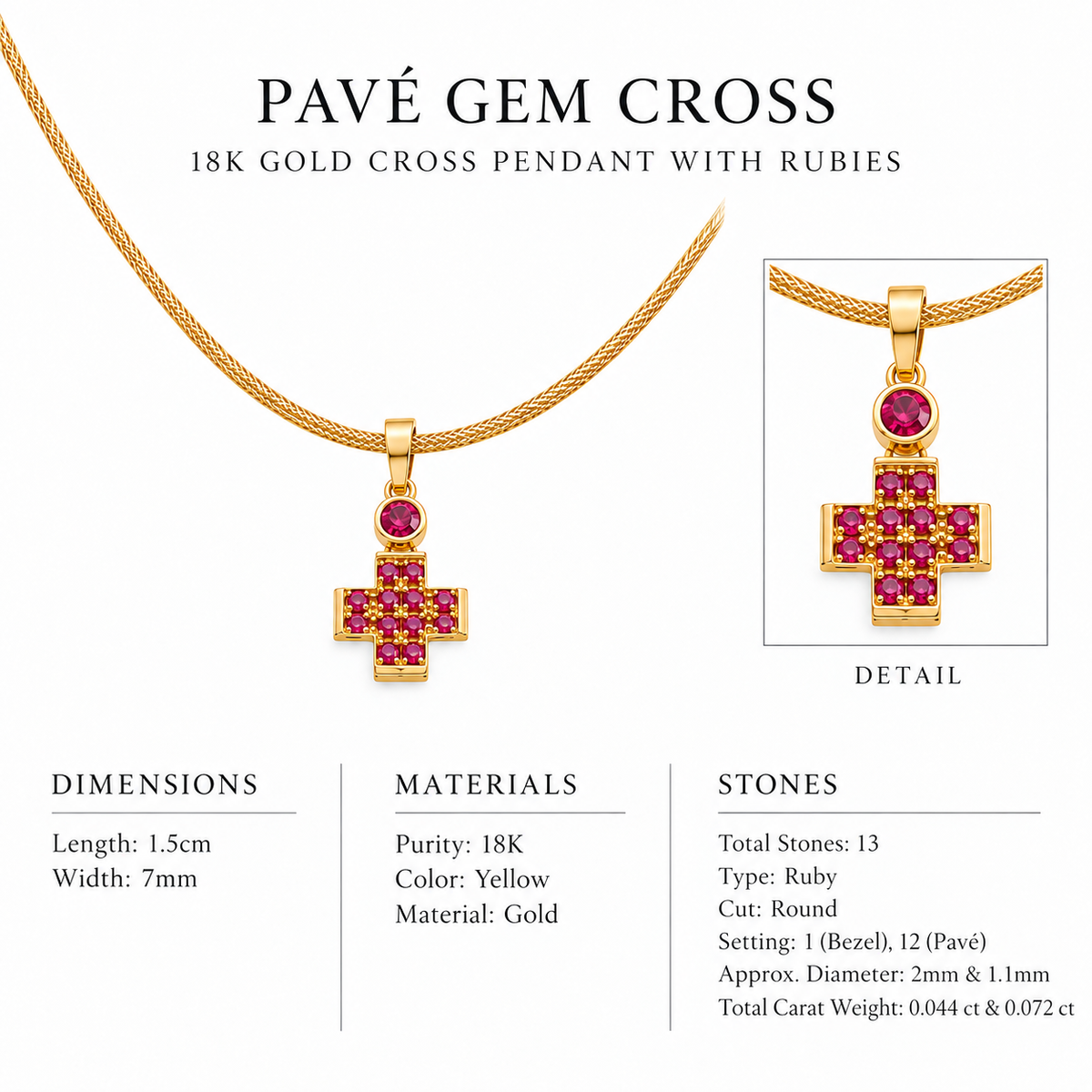 Pavé Gem Cross - 18K Gold Cross Pendant with Rubies by Bed of Stones Jewelry, close-up of ruby bezel and pavé setting with product dimensions and stone details diagram