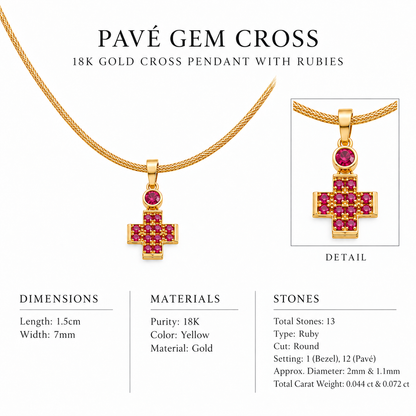 Pavé Gem Cross - 18K Gold Cross Pendant with Rubies by Bed of Stones Jewelry, close-up of ruby bezel and pavé setting with product dimensions and stone details diagram