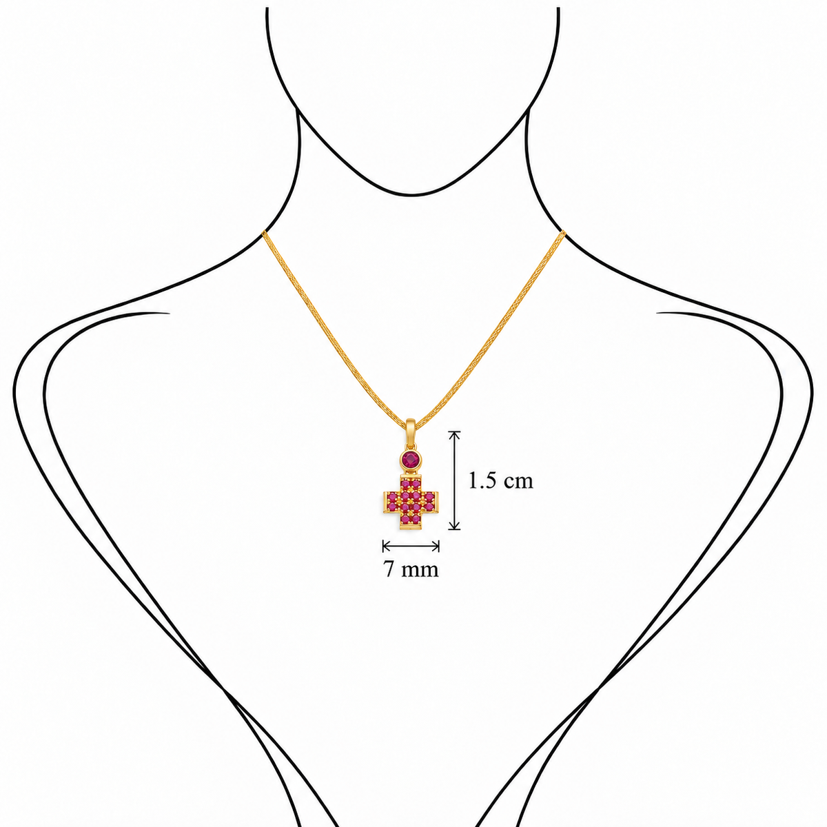 Pavé Gem Cross - 18K Gold Cross Pendant with Rubies by Bed of Stones Jewelry, illustration showing pendant placement