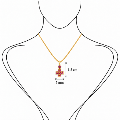 Pavé Gem Cross - 18K Gold Cross Pendant with Rubies by Bed of Stones Jewelry, illustration showing pendant placement
