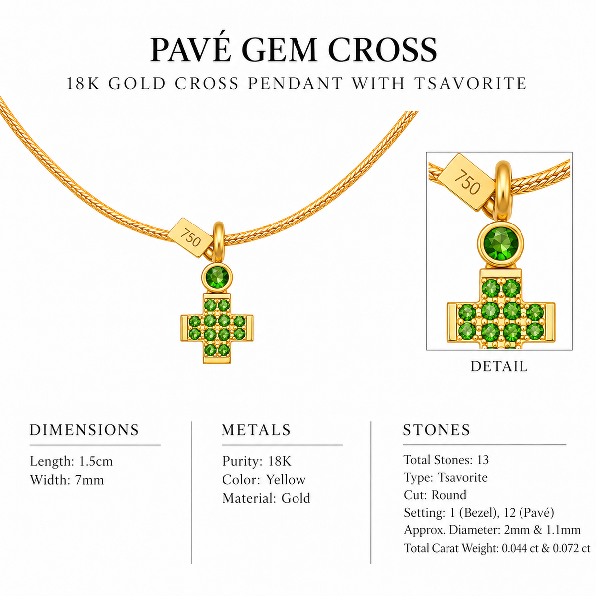 Pavé Gem Cross - 18K Gold Cross Pendant with Tsavorite by Bed of Stones Jewelry, close-up of tsavorite bezel and pavé setting with product dimensions and stone details diagram