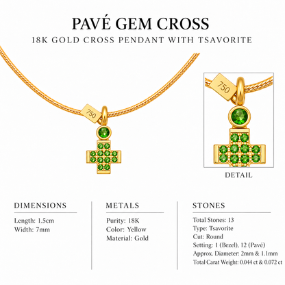 Pavé Gem Cross - 18K Gold Cross Pendant with Tsavorite by Bed of Stones Jewelry, close-up of tsavorite bezel and pavé setting with product dimensions and stone details diagram