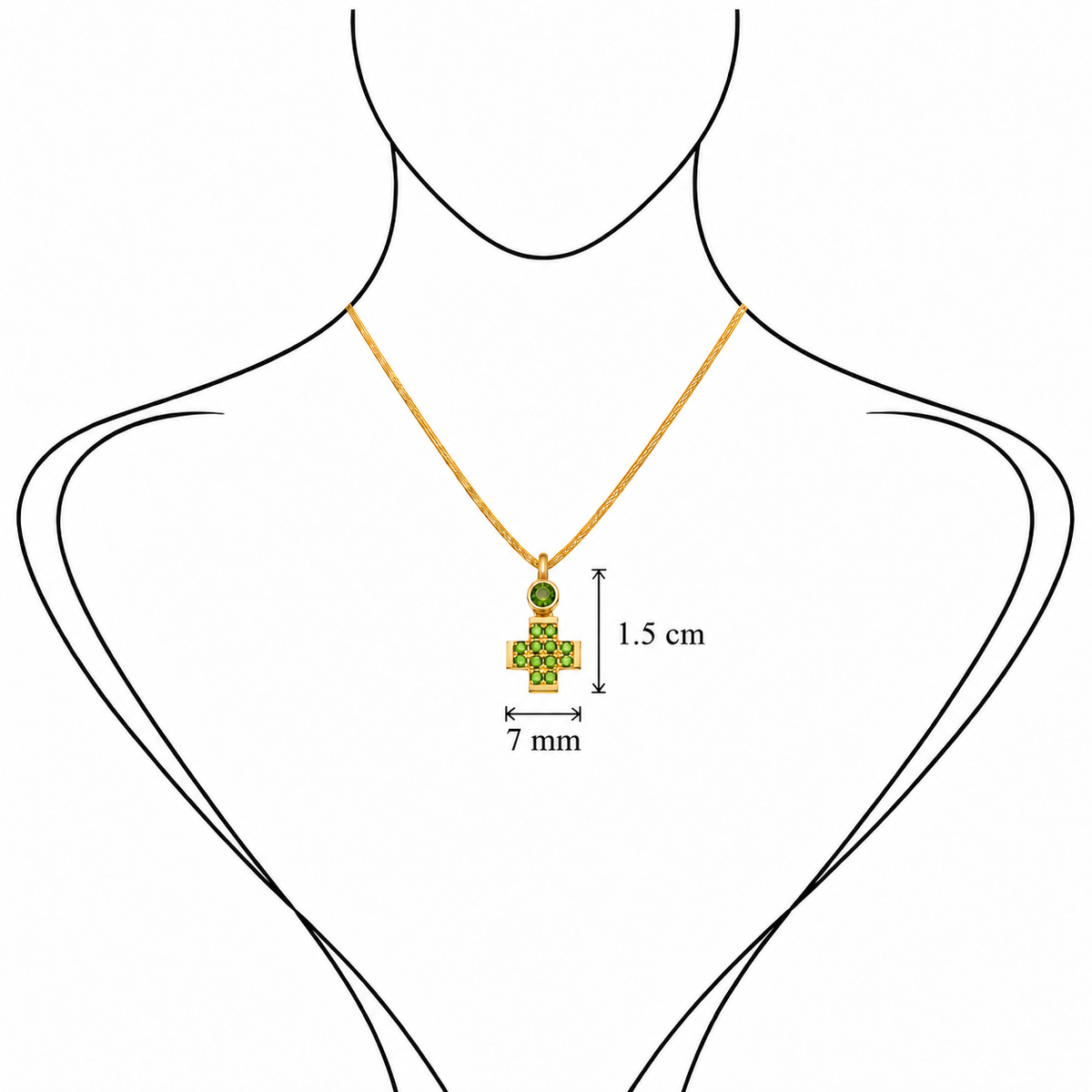 Pavé Gem Cross - 18K Gold Cross Pendant with Tsavorite by Bed of Stones Jewelry, illustration showing pendant placement