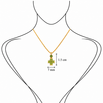 Pavé Gem Cross - 18K Gold Cross Pendant with Tsavorite by Bed of Stones Jewelry, illustration showing pendant placement