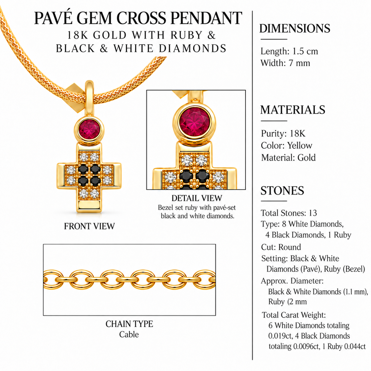 Pavé Gem Cross Pendant - 18K Gold with Ruby & Black & White Diamonds by Bed of Stones Jewelry, close-up of ruby pavé and black and white diamond bezel setting with product dimensions and stone details diagram