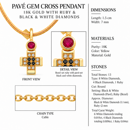 Pavé Gem Cross Pendant - 18K Gold with Ruby & Black & White Diamonds by Bed of Stones Jewelry, close-up of ruby pavé and black and white diamond bezel setting with product dimensions and stone details diagram