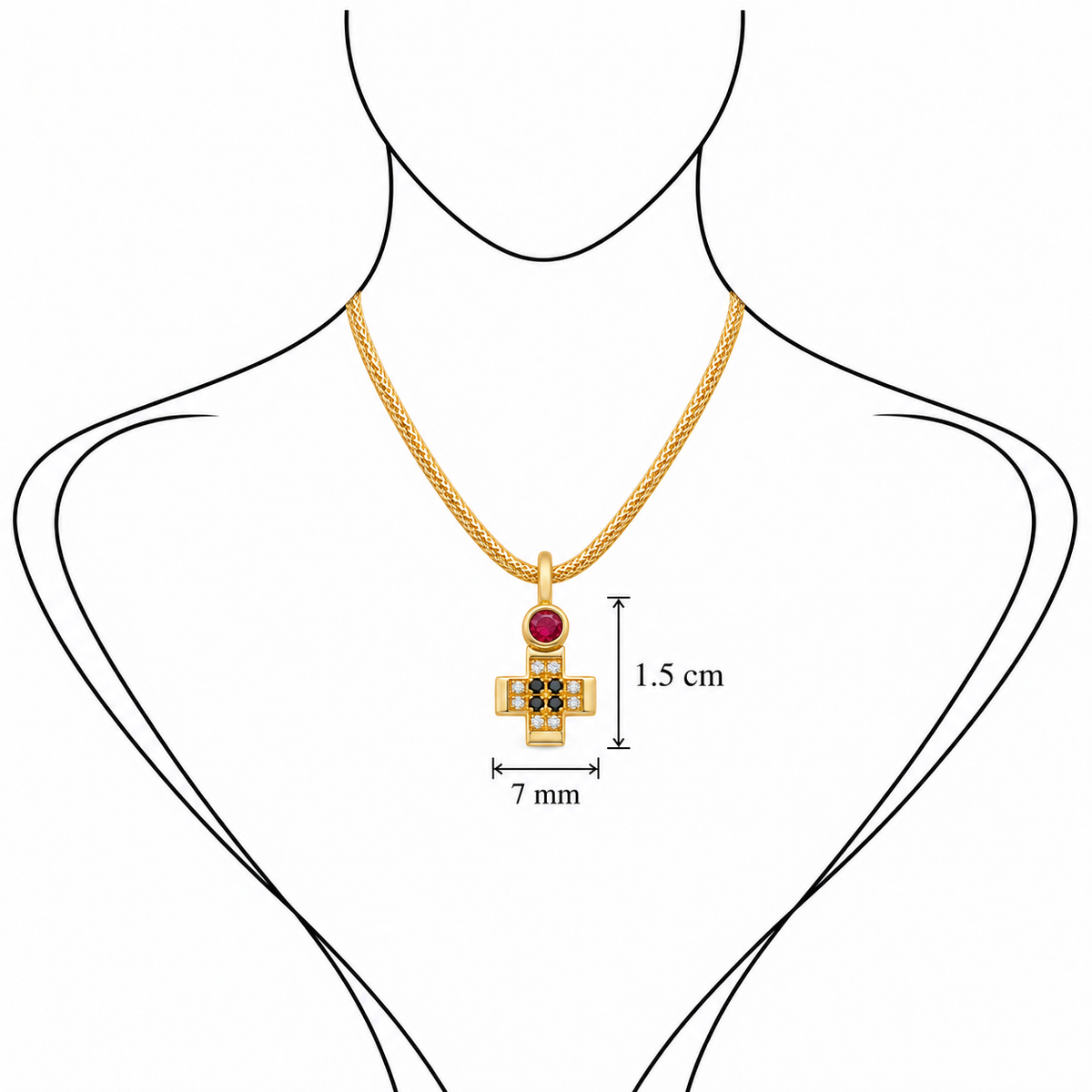 Pavé Gem Cross Pendant - 18K Gold with Ruby & Black & White Diamonds by Bed of Stones Jewelry, illustration showing pendant placement