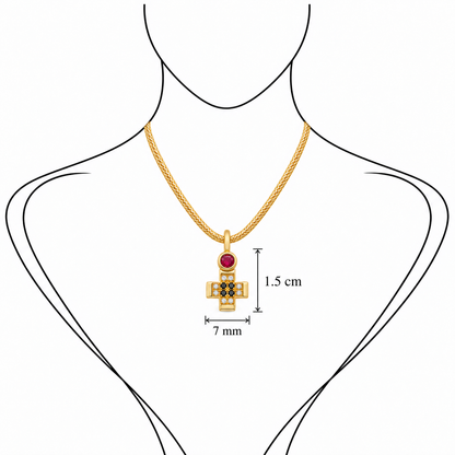 Pavé Gem Cross Pendant - 18K Gold with Ruby & Black & White Diamonds by Bed of Stones Jewelry, illustration showing pendant placement