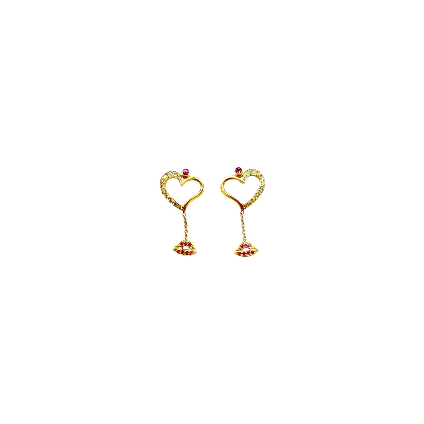 Earrings in 18k Yellow Gold Heart & Lips shapes with 0.14ct White Diamonds & 0.12ct Pink Sapphire Σκουλαρικια 18κ Κιτρινο Χρυσο Καρδια& χειλια σχηματα με 0.14k Λευκο Μπριαν & 0.12k Ροζ Ζαφειρi