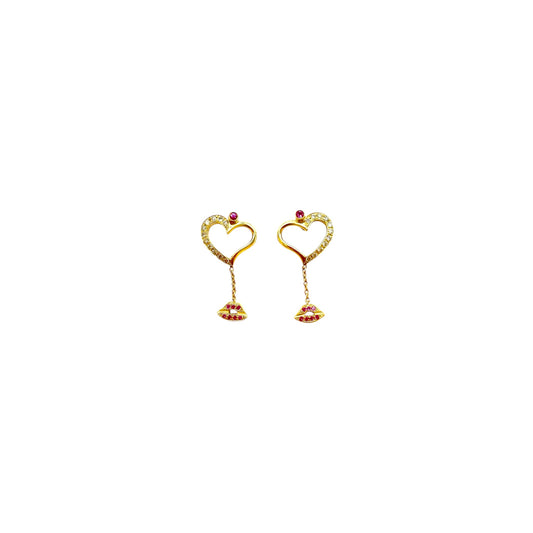 Earrings in 18k Yellow Gold Heart & Lips shapes with 0.14ct White Diamonds & 0.12ct Pink Sapphire Σκουλαρικια 18κ Κιτρινο Χρυσο Καρδια& χειλια σχηματα με 0.14k Λευκο Μπριαν & 0.12k Ροζ Ζαφειρi