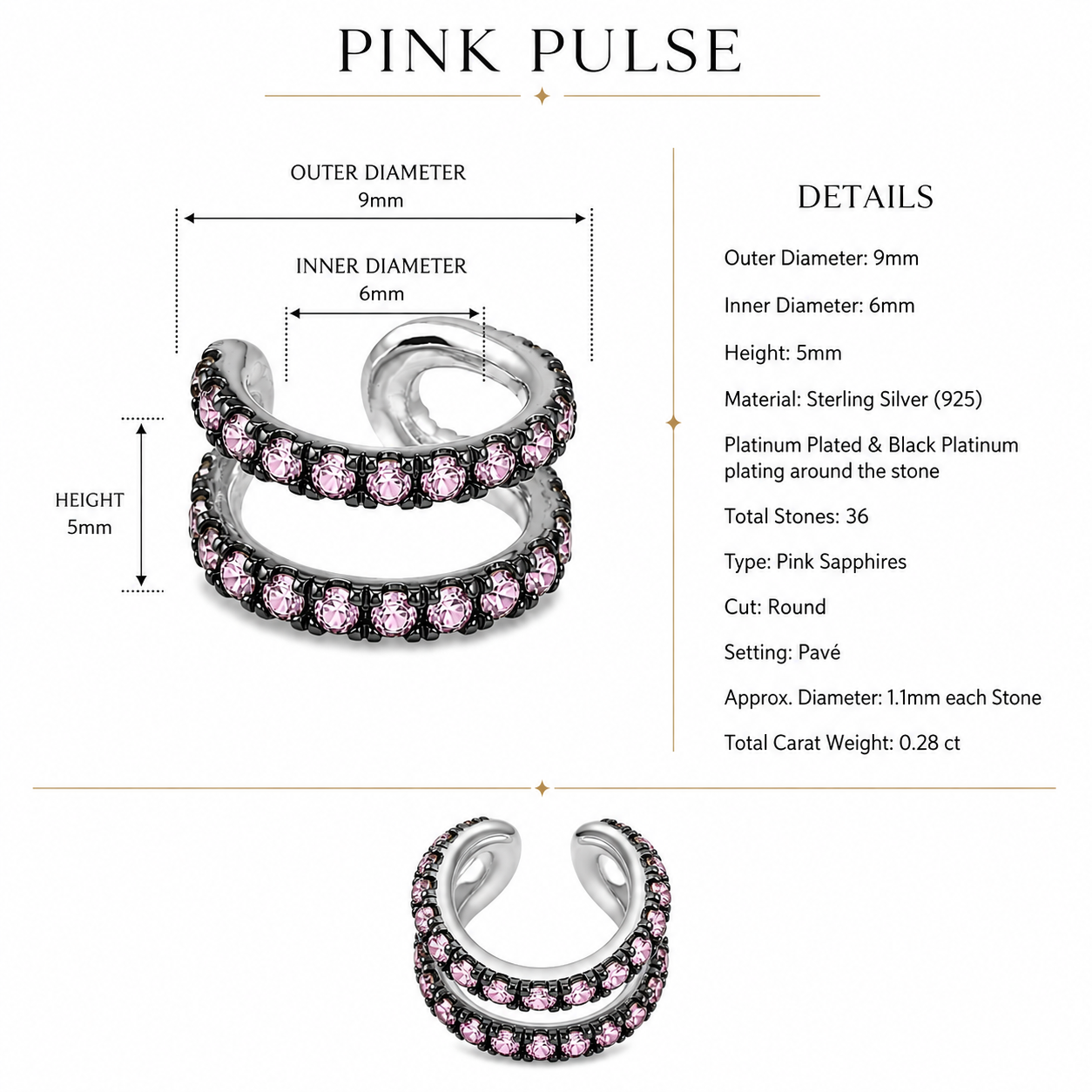 Pink Pulse - Sterling Silver (925) Ear Cuff with Pink Sapphires by Bed of Stones Jewelry, product dimensions and stone details diagram