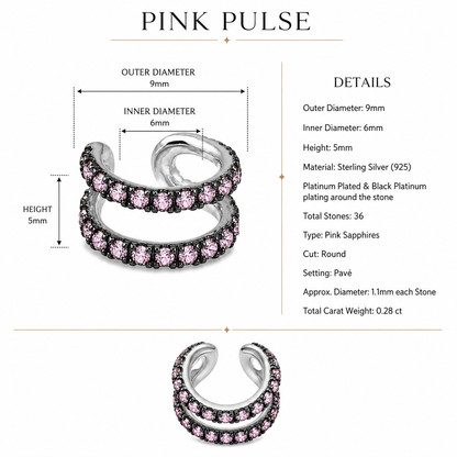 Pink Pulse - Sterling Silver (925) Ear Cuff with Pink Sapphires by Bed of Stones Jewelry, product dimensions and stone details diagram