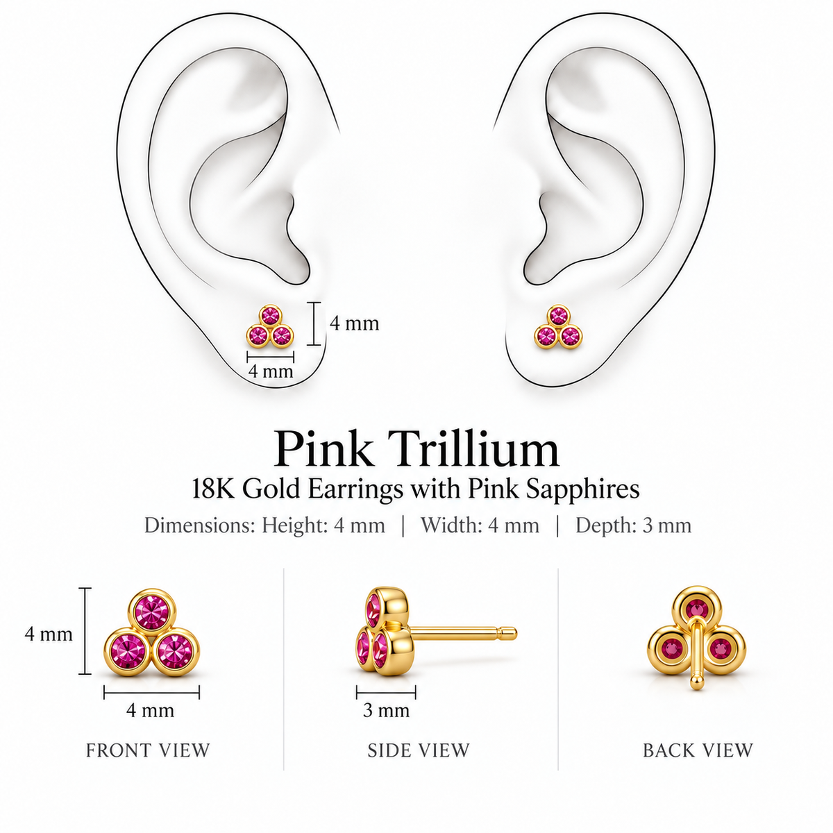 Pink Trillium Earrings by Bed of Stones Jewelry, illustration showing ear placement