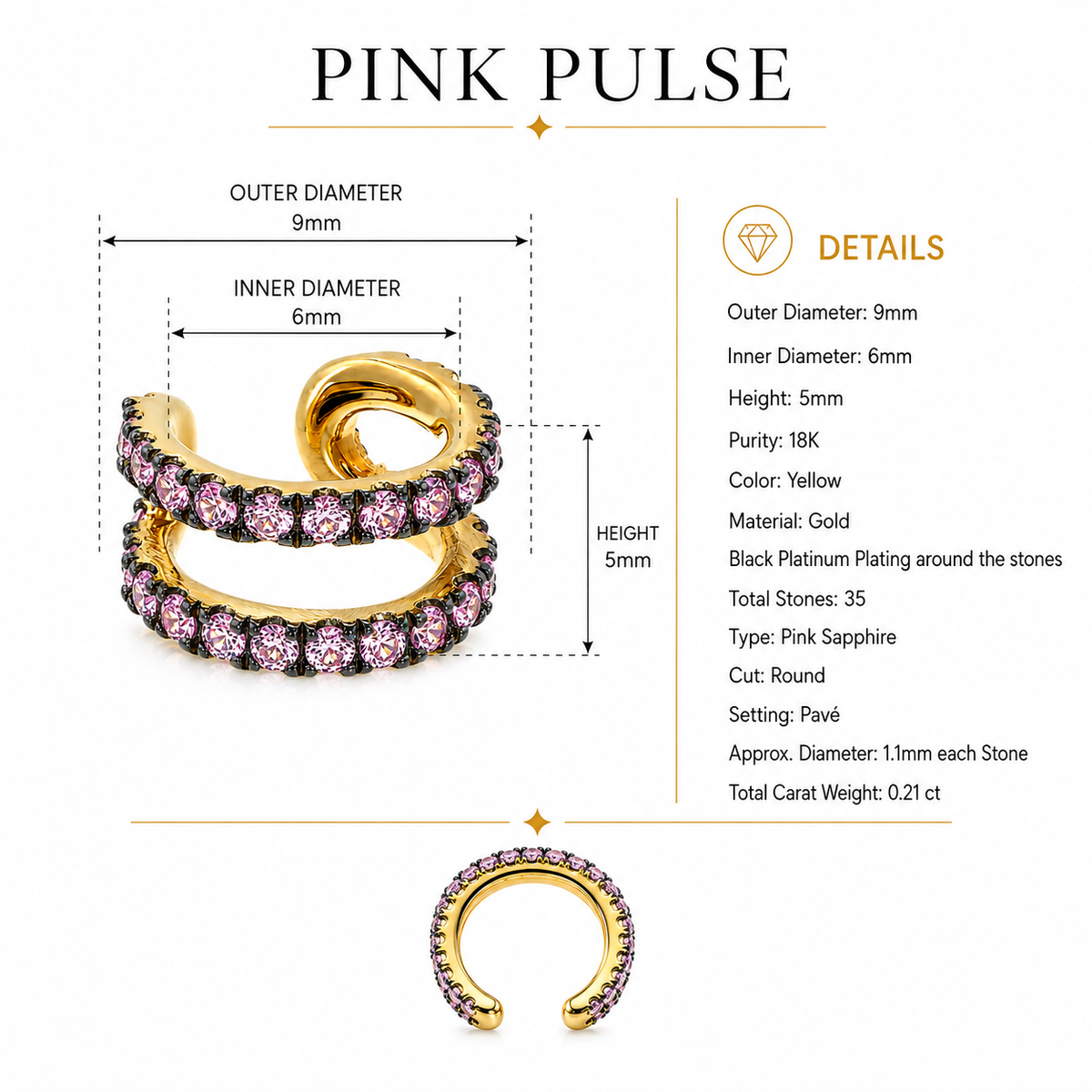 Pink Pulse - 18K Gold Ear Cuff with Pink Sapphires by Bed of Stones Jewelry, product dimensions and stone details diagram