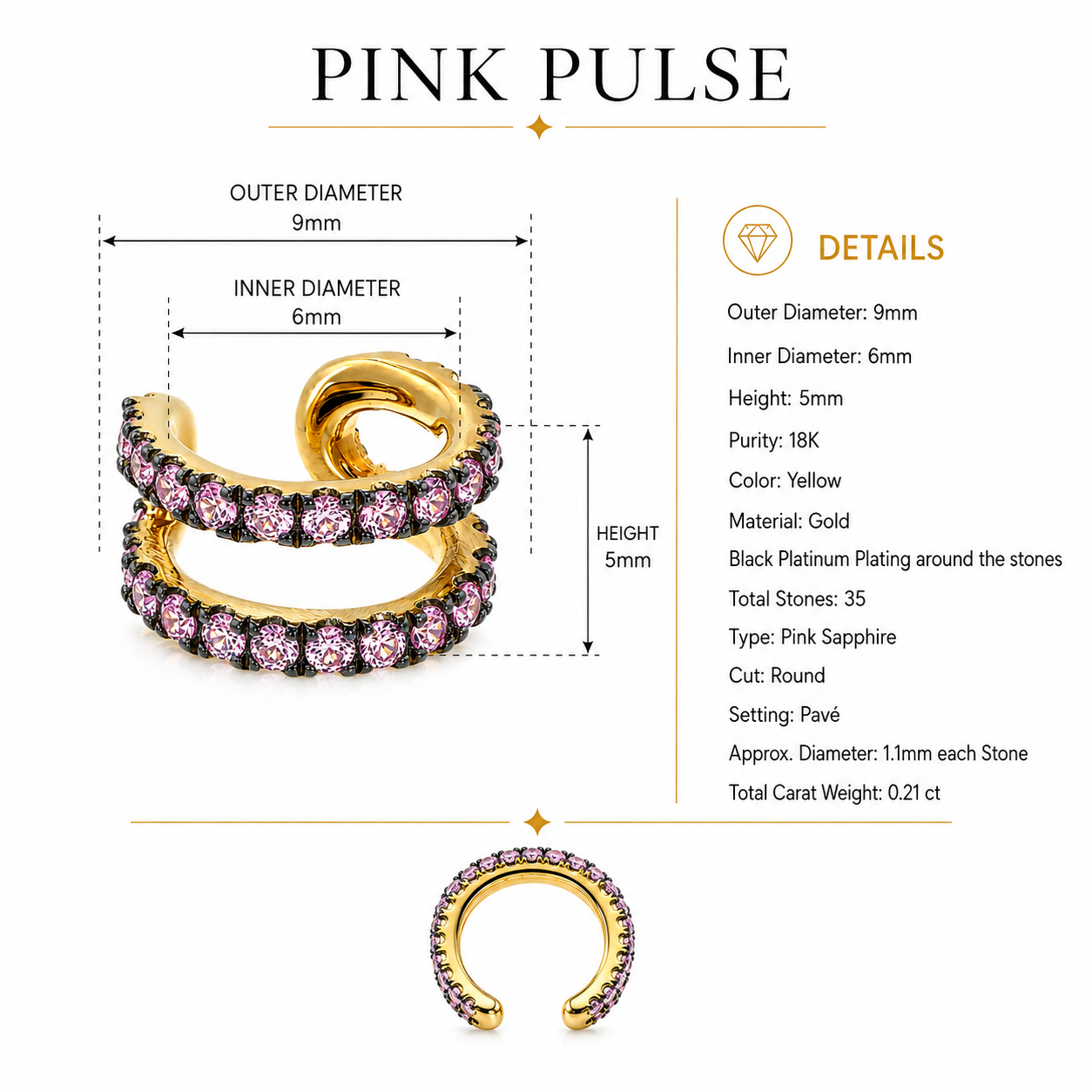 Pink Pulse - 18K Gold Ear Cuff with Pink Sapphires by Bed of Stones Jewelry, product dimensions and stone details diagram