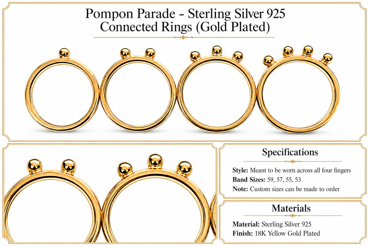 Pompon Parade - Sterling Silver 925 Connected Rings (Gold Plated) by Bed of Stones Jewelry, product dimensions diagram