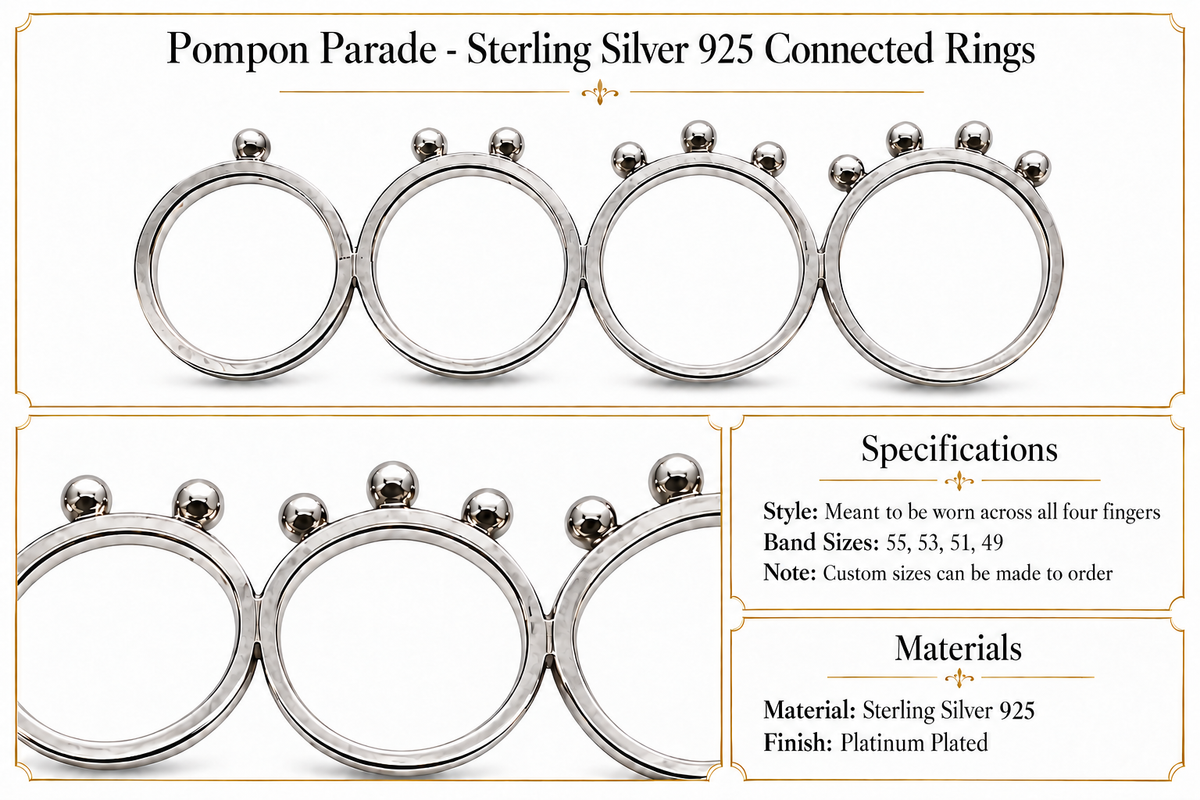 Pompon Parade - Sterling Silver 925 Connected Rings by Bed of Stones Jewelry, product dimensions diagram