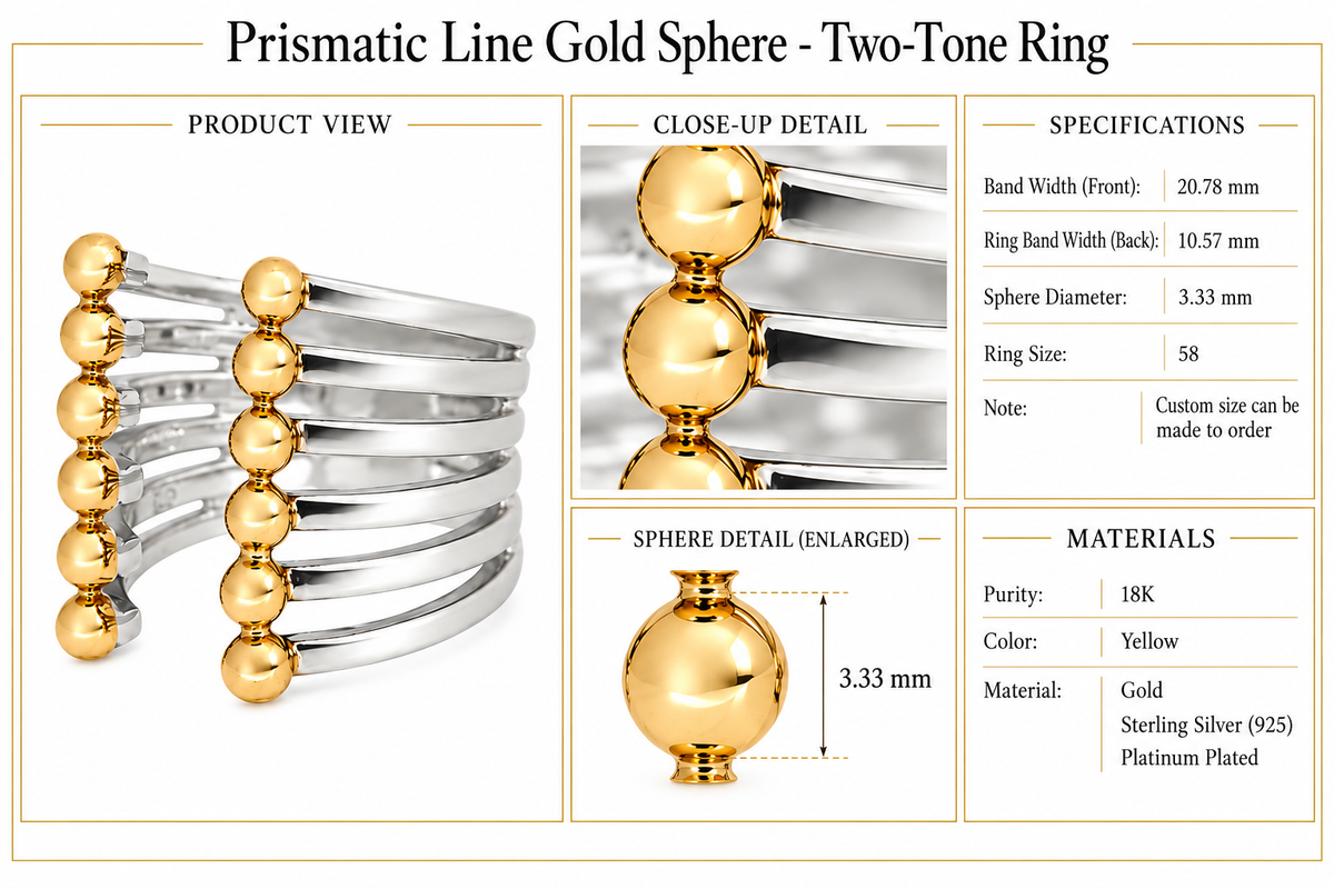 Prismatic Line Gold Sphere - Two-Tone Ring by Bed of Stones Jewelry, product dimensions and stone details diagram