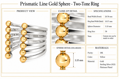 Prismatic Line Gold Sphere - Two-Tone Ring by Bed of Stones Jewelry, product dimensions and stone details diagram