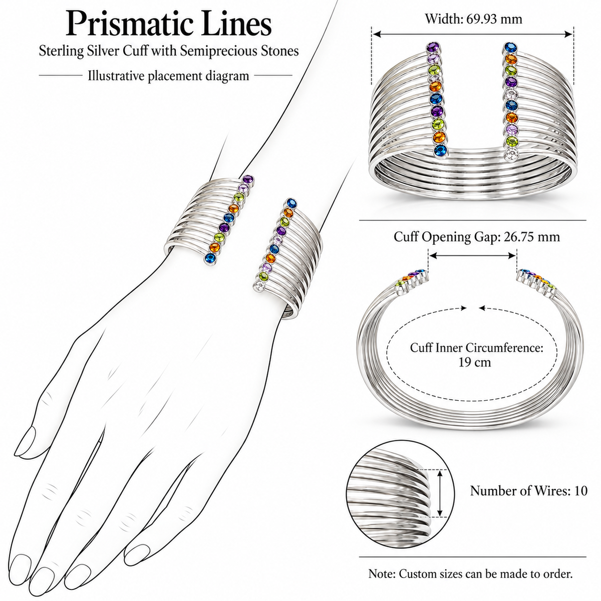 Prismatic Lines - Sterling Silver Cuff with Semiprecious Stones by Bed of Stones Jewelry, illustration showing wrist placement