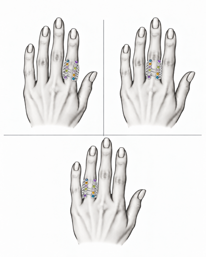 Prismatic Lines Ring - Sterling Silver with Multicolour Gemstones by Bed of Stones Jewelry, illustration showing ring placement