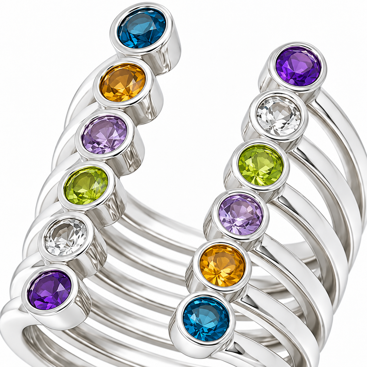 Close-up of round-cut multicolour gemstone bezel setting on Prismatic Lines Ring Sterling Silver by Bed of Stones Jewelry