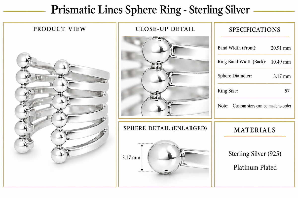 Prismatic Lines Sphere Ring - Sterling Silver by Bed of Stones Jewelry, product dimensions and sphere details diagram