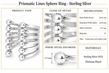 Prismatic Lines Sphere Ring - Sterling Silver by Bed of Stones Jewelry, product dimensions and sphere details diagram