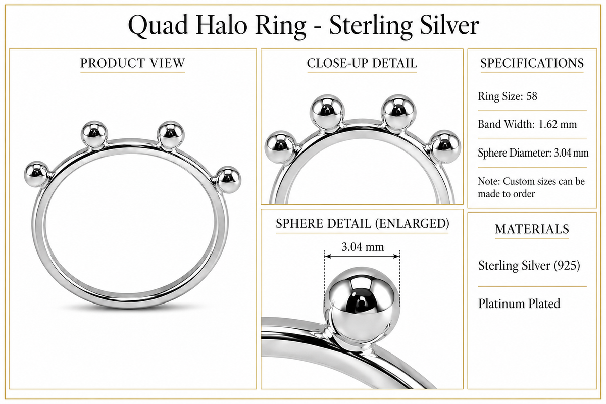 Quad Halo Ring - Sterling Silver by Bed of Stones Jewelry, product dimensions and sphere details diagram