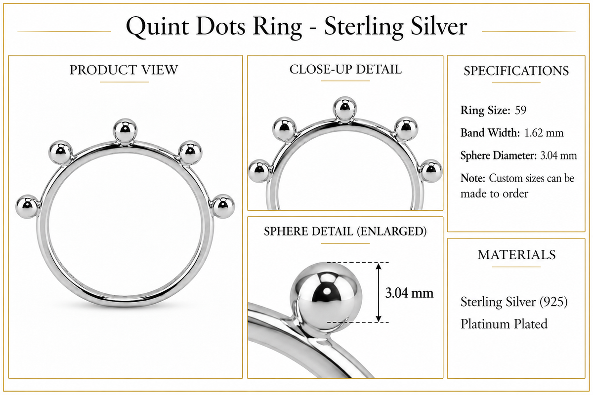 Quint Dots Ring - Sterling Silver by Bed of Stones Jewelry, product dimensions and sphere details diagram