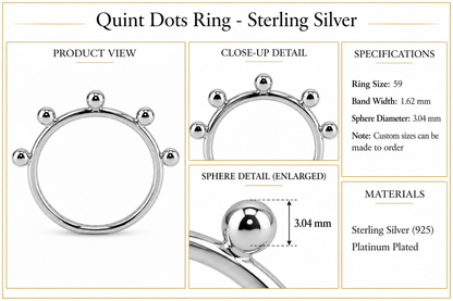 Quint Dots Ring - Sterling Silver by Bed of Stones Jewelry, product dimensions and sphere details diagram