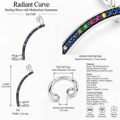 Radiant Curve Ear Cuff - Sterling Silver with Multicolour Gemstones by Bed of Stones Jewelry, product dimensions and stone details diagram
