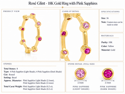 Rosé Glint - 18K Gold Ring with Pink Sapphires by Bed of Stones Jewelry, product dimensions and stone details diagram