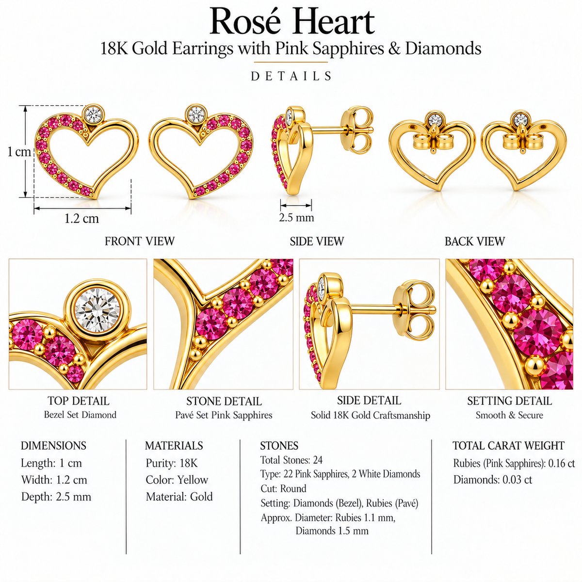 Rosé Heart - 18K Gold Earrings with Pink Sapphires & Diamonds by Bed of Stones Jewelry, product dimensions and stone details diagram