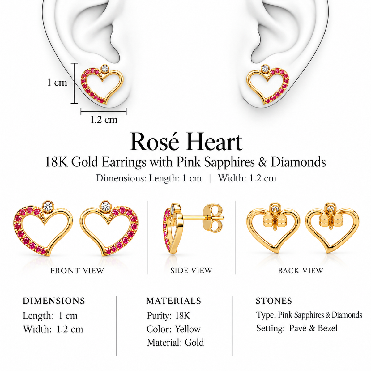 Rosé Heart Earrings by Bed of Stones Jewelry, illustration showing ear placement