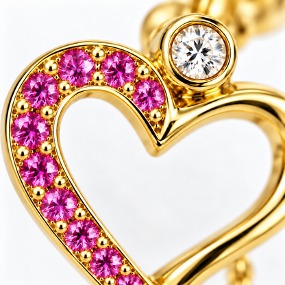 Close-up of pink sapphire bezel and diamond pavé setting on Rosé Heart Earrings by Bed of Stones Jewelry