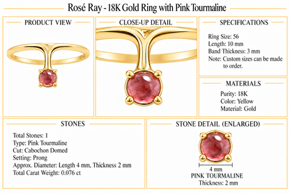 Rosé Ray - 18K Gold Ring with Pink Tourmaline by Bed of Stones Jewelry, product dimensions and stone details diagram