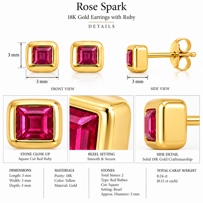 Rose Spark - 18K Gold Earrings with Ruby by Bed of Stones Jewelry, product dimensions and stone details diagram