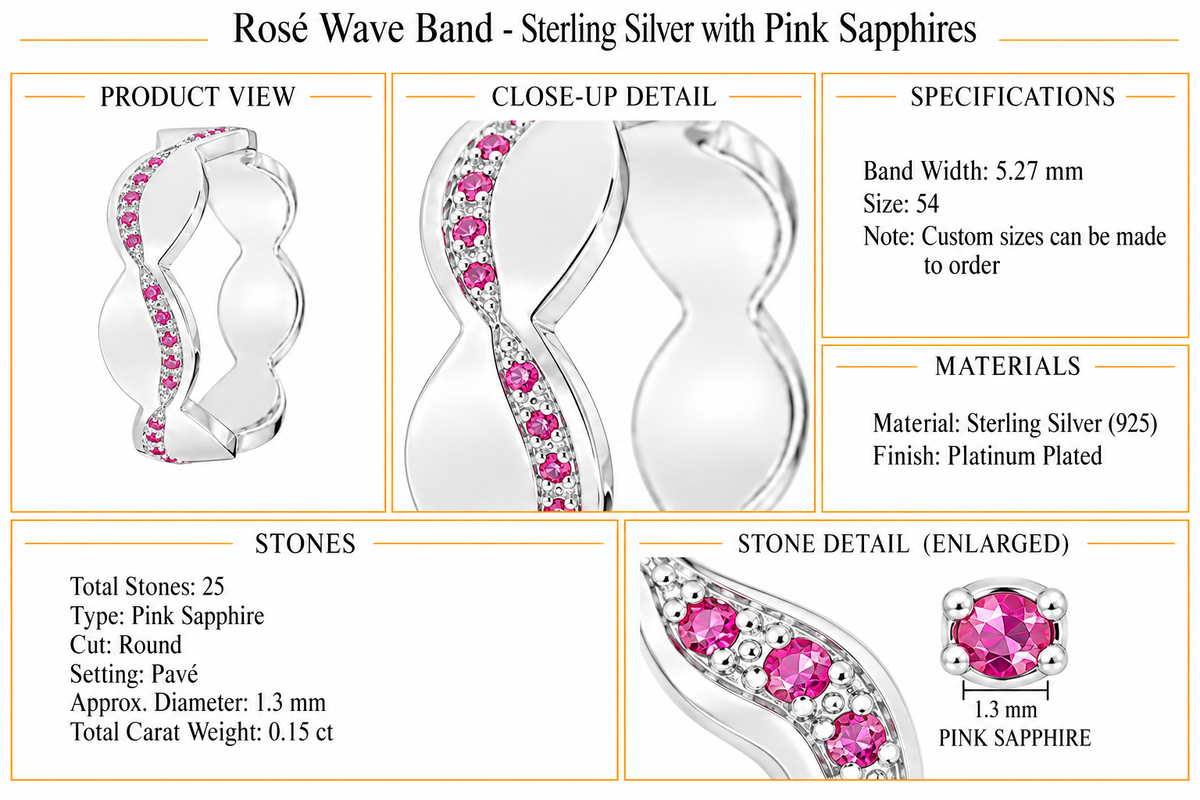Rosé Wave Band - Sterling Silver with Pink Sapphires by Bed of Stones Jewelry, product dimensions and stone details diagram