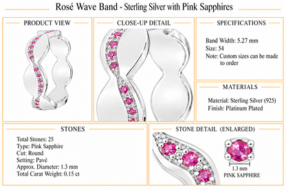 Rosé Wave Band - Sterling Silver with Pink Sapphires by Bed of Stones Jewelry, product dimensions and stone details diagram