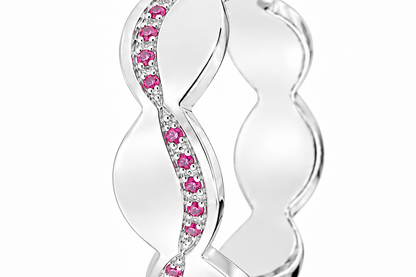 Close-up of round-cut pink sapphire pavé setting on Rosé Wave Band Sterling Silver by Bed of Stones Jewelry